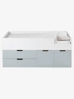 Lit Enfant Mi-hauteur XL Avec Rangements LIGNE PASSE-PASSE Blanc - Gris - Vertbaudet -Produits Pour Bébé lit enfant mi hauteur xl avec rangements ligne passe passe 2
